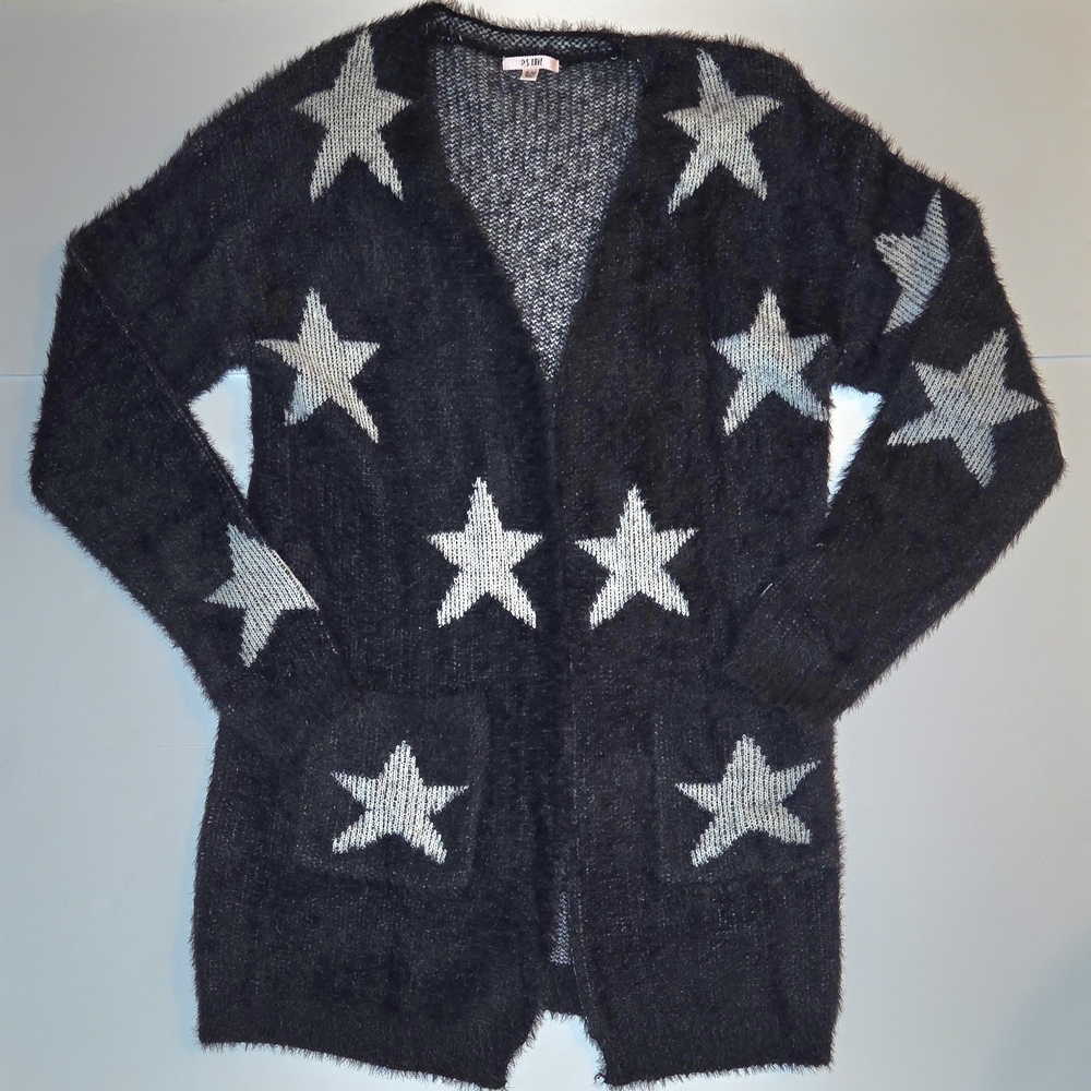 Fuzzy Star-Pattern Open Cardigan Sweater - Black & white